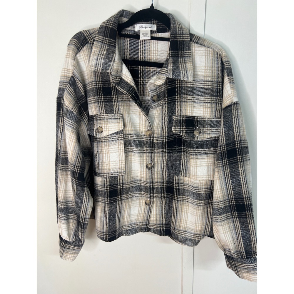 Passport Plaid Fringe Shacket Womens Large Black Tan White Button Front Jacket